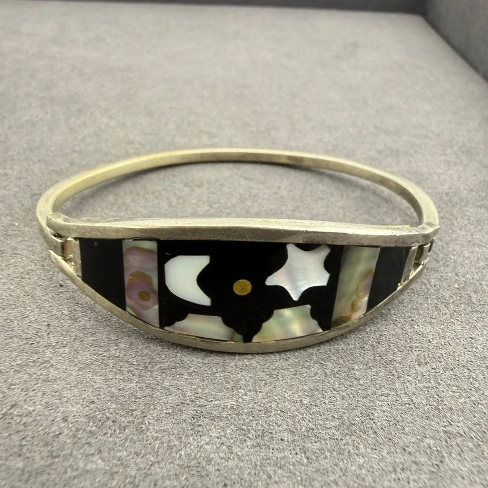 Alpaca Silver Tone Bangle Bracelet Celestial Moon Star Inlay Mexican Folk Art